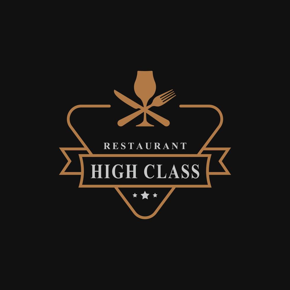 vintage retro-abzeichen für luxusweinglas mit löffel gabel messer für restaurant bar bistro logo design template element vektor