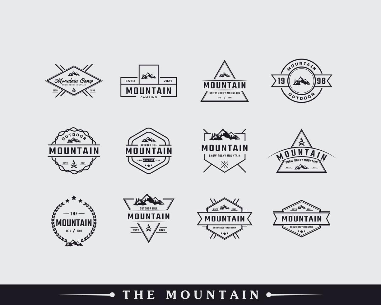 satz von vintage classic emblem abzeichen eis schnee felsiger berg symbol. creek river mount peak hill natur landschaftsansicht logo design inspiration vektor