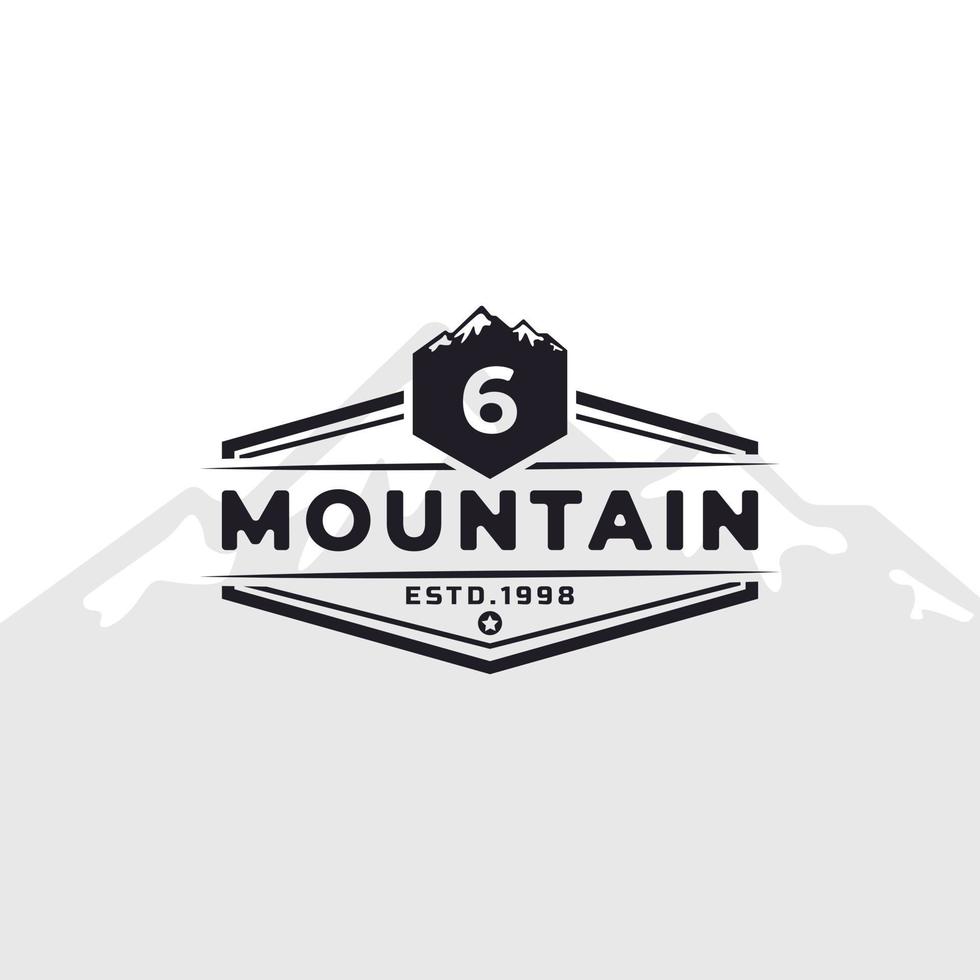 Vintage-Emblem-Abzeichen Nummer 6 Berg-Typografie-Logo für Outdoor-Abenteuer-Expedition, Berg-Silhouette-Shirt, Druckstempel-Design-Vorlagenelement vektor