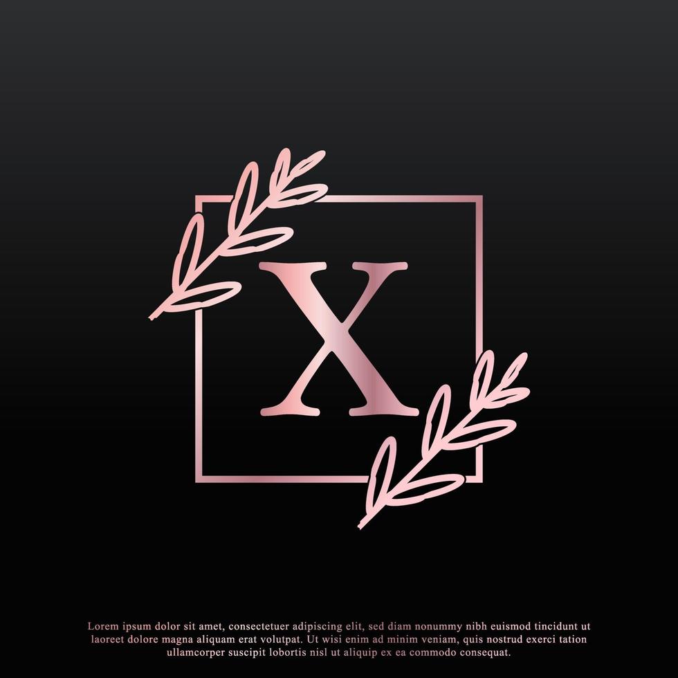 elegantes x-buchstabe-quadratisches blumenlogo mit kreativer eleganter blattmonogramm-zweiglinie und rosa schwarzer farbe. verwendbar für Firmen-, Mode-, Kosmetik-, Spa-, Wissenschafts-, Medizin- und Naturlogos. vektor