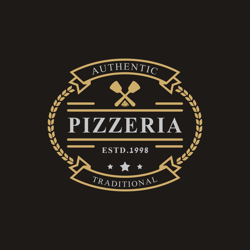 vintage retro-abzeichen für spachtel pizza pizzeria logo emblem design symbol vektor