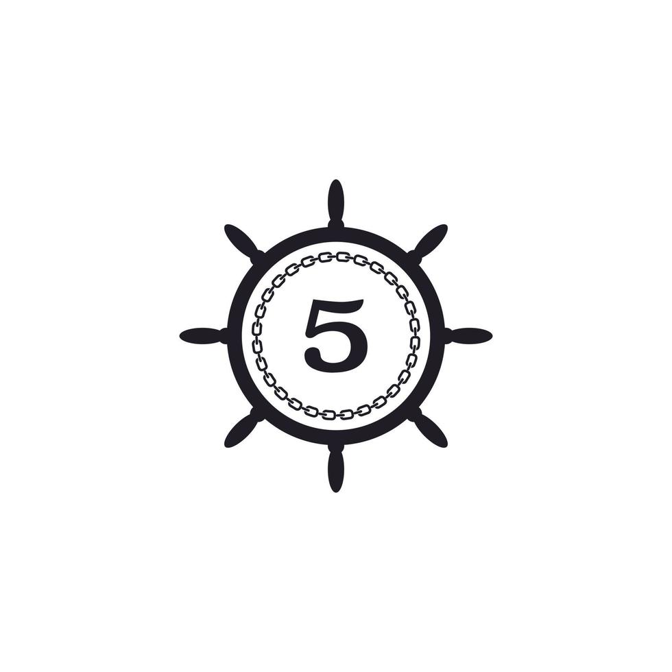 nummer 5 inuti fartygets ratt och cirkulär kedjeikon för nautisk logotypinspiration vektor