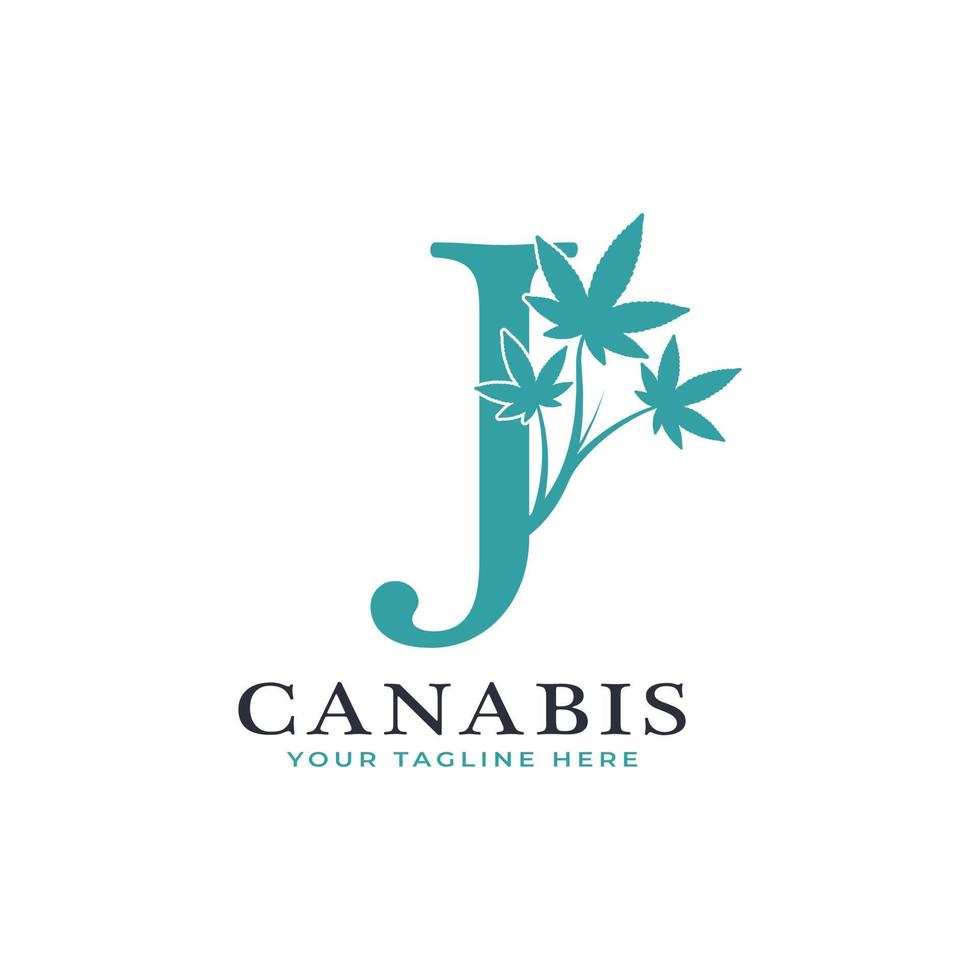 bokstaven j grön canabis logotyp alfabet med medicinsk marijuana blad. användbar för logotyper för företag, vetenskap, hälsovård, medicin och natur. vektor