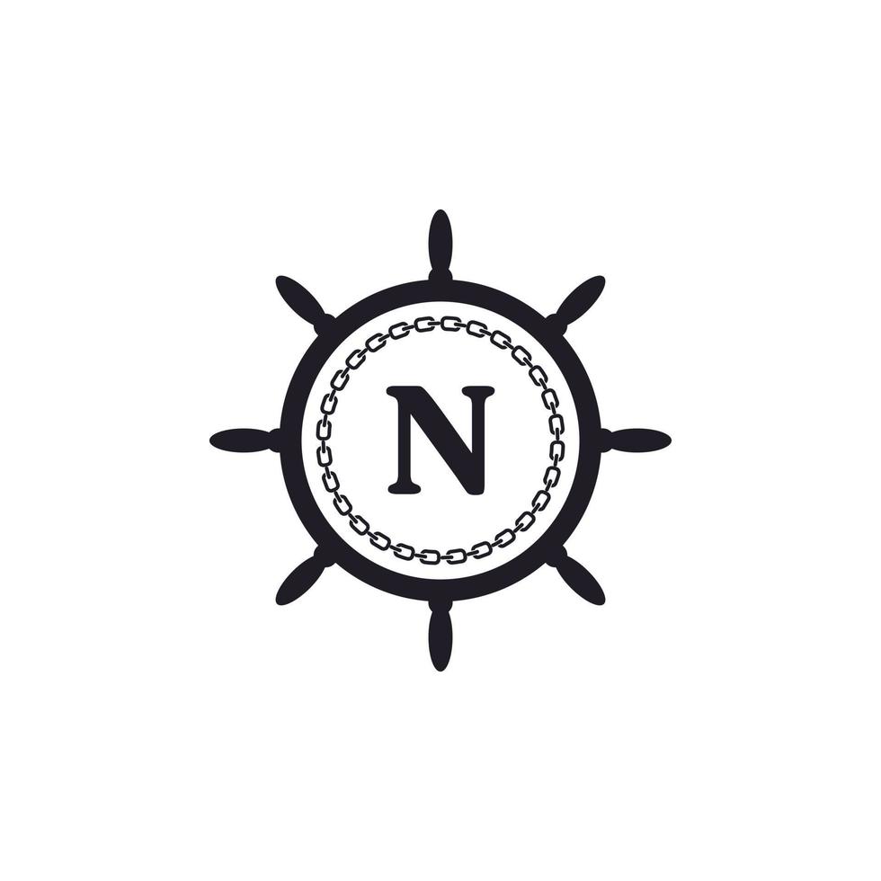 bokstaven n inuti fartygets ratt och cirkulär kedjeikon för nautisk logotypinspiration vektor