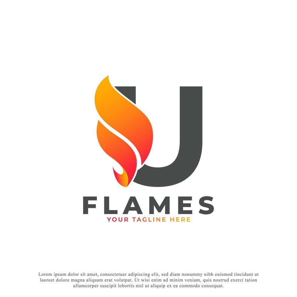 Flamme mit Logo-Design des Buchstaben u. Feuer-Vektor-Logo-Vorlage vektor