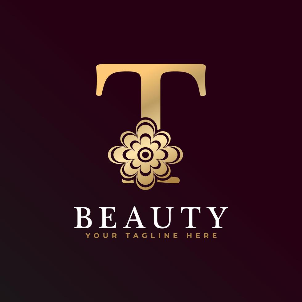 elegant t lyxig logotyp. gyllene blommor alfabetet logotyp med blommor blad. perfekt för mode, smycken, skönhetssalong, kosmetika, spa, boutique, bröllop, brevstämpel, hotell- och restauranglogotyp. vektor
