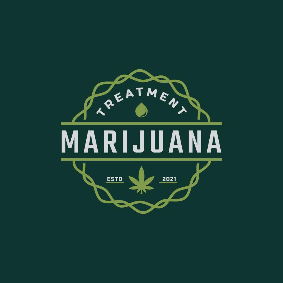 klassisk vintage retro etikett märke för marijuana cannabis hampa kruka blad thc cbd hälsa och medicinsk terapi logotyp design inspiration vektor
