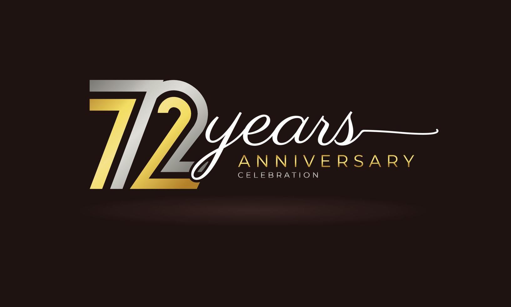 72-jähriges Jubiläumsfeier-Logo mit verknüpften mehrzeiligen silbernen und goldenen Farben für Feierlichkeiten, Hochzeiten, Grußkarten und Einladungen einzeln auf dunklem Hintergrund vektor