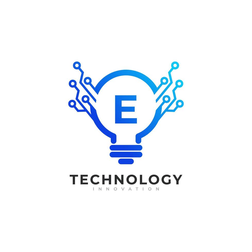 bokstaven e inuti lampa glödlampa teknologi innovation logotyp designmall element vektor