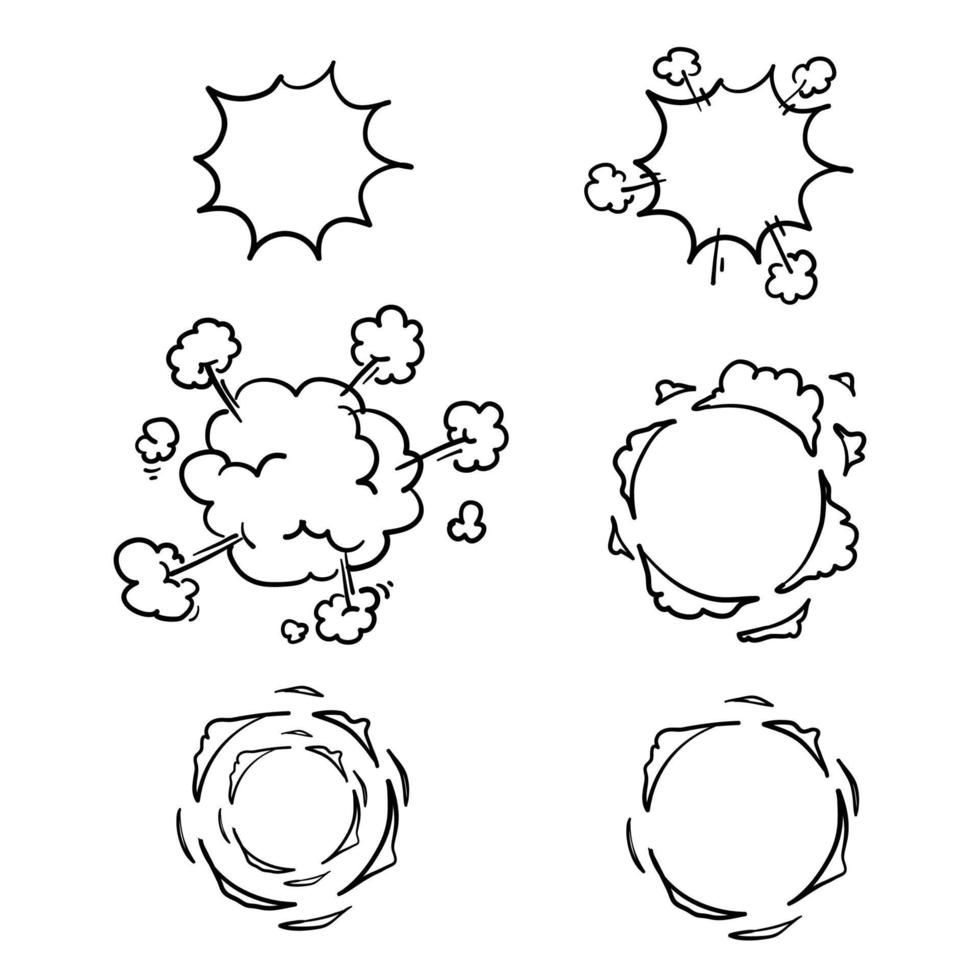 handgezeichnete Doodle-Explosionsanimation. explodierende effektrahmen, animierter schuss explodieren mit rauchwolken-vektorillustrationsset vektor