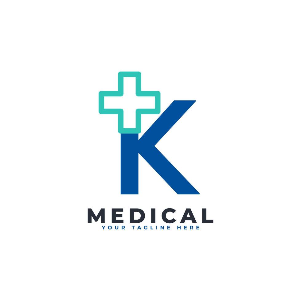 bokstaven k kors plus logotyp. användbar för logotyper för företag, vetenskap, hälsovård, medicin, sjukhus och natur. vektor