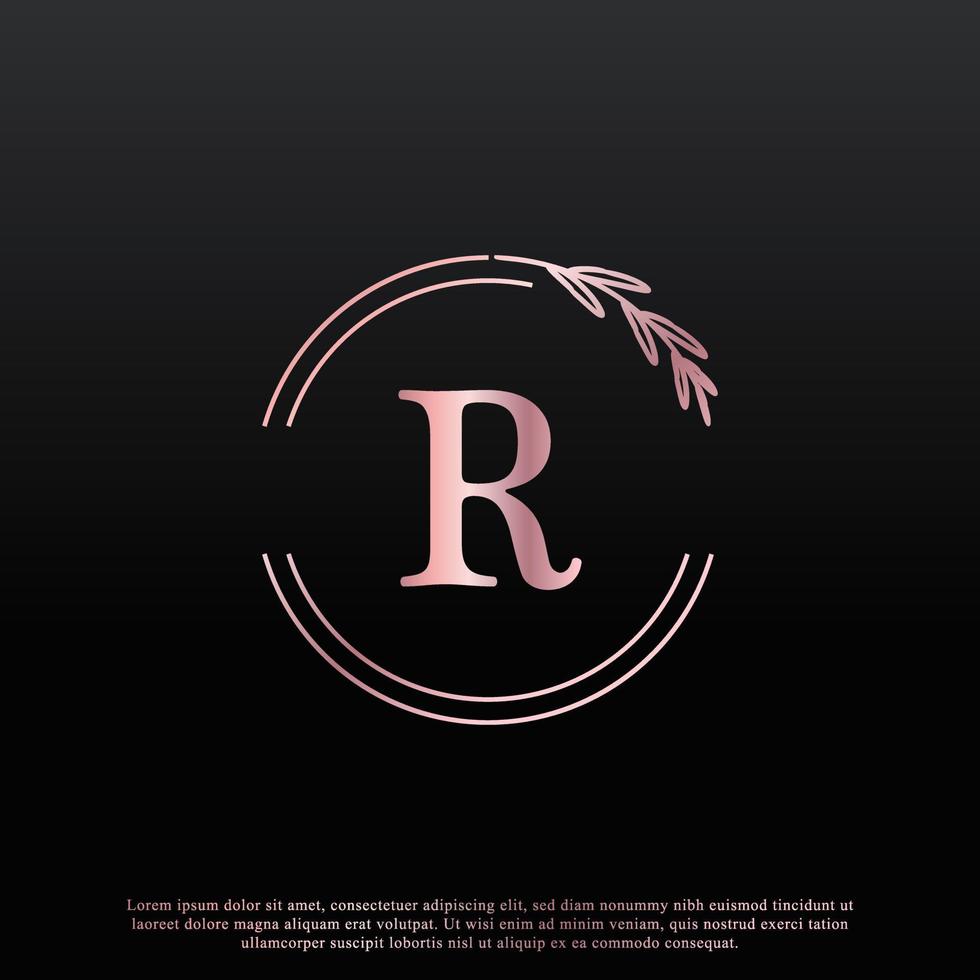 Elegantes r-Buchstabenkreis-Blumenlogo mit kreativer eleganter Blattmonogramm-Zweiglinie und rosa schwarzer Farbe. verwendbar für Firmen-, Mode-, Kosmetik-, Spa-, Wissenschafts-, Medizin- und Naturlogos. vektor