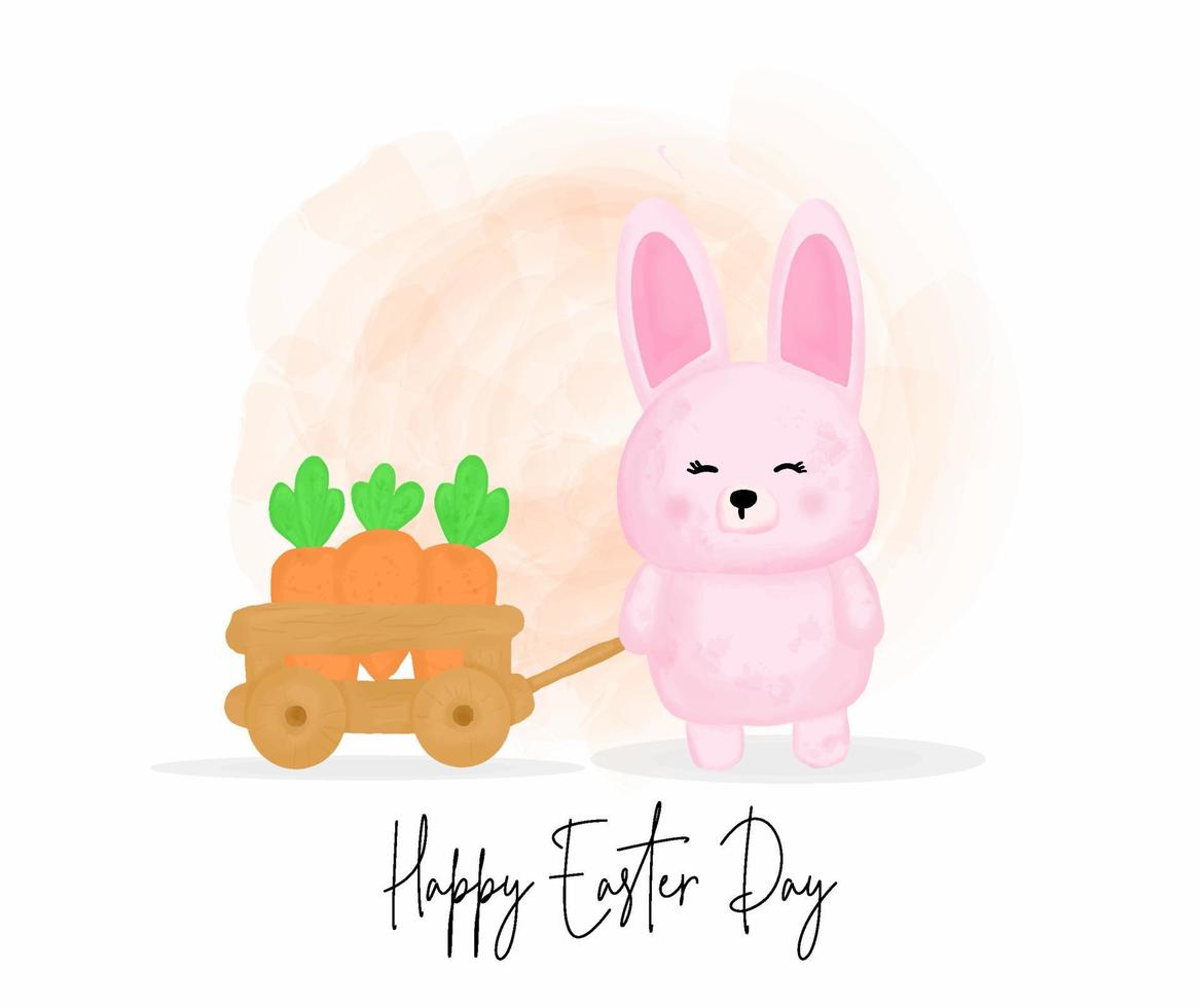 glad påskdag med söt kanin som bär många morötter med hjälp av vagnens seriefigur vektor