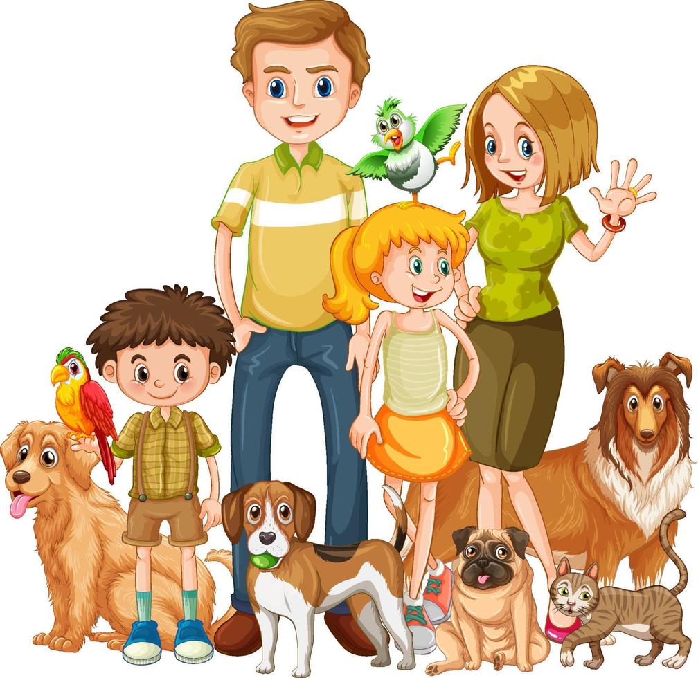 familjemedlemmar med många hundar i tecknad stil vektor