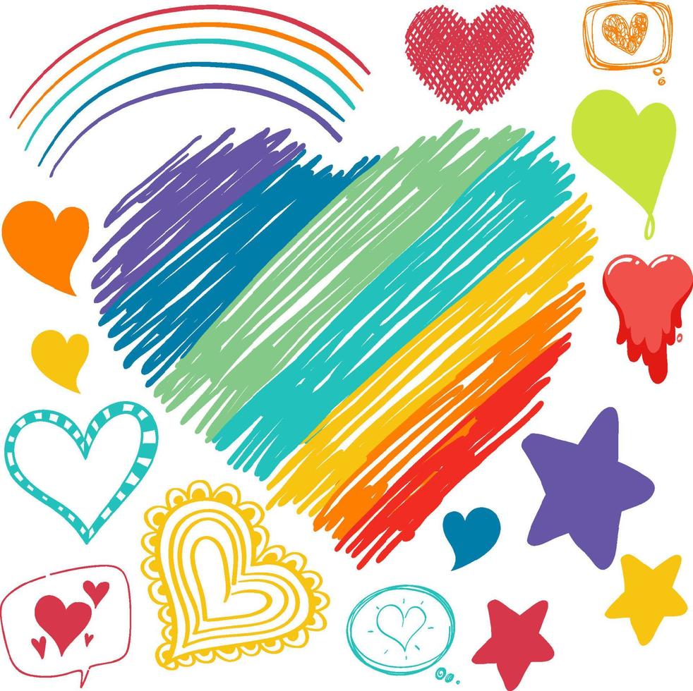 samling av olika hjärta ikoner i doodle stil vektor