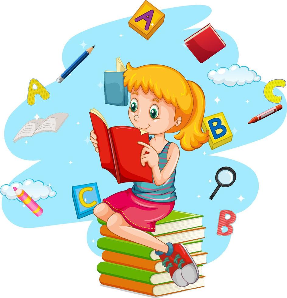 ein Mädchen liest Bücher auf weißem Hintergrund vektor