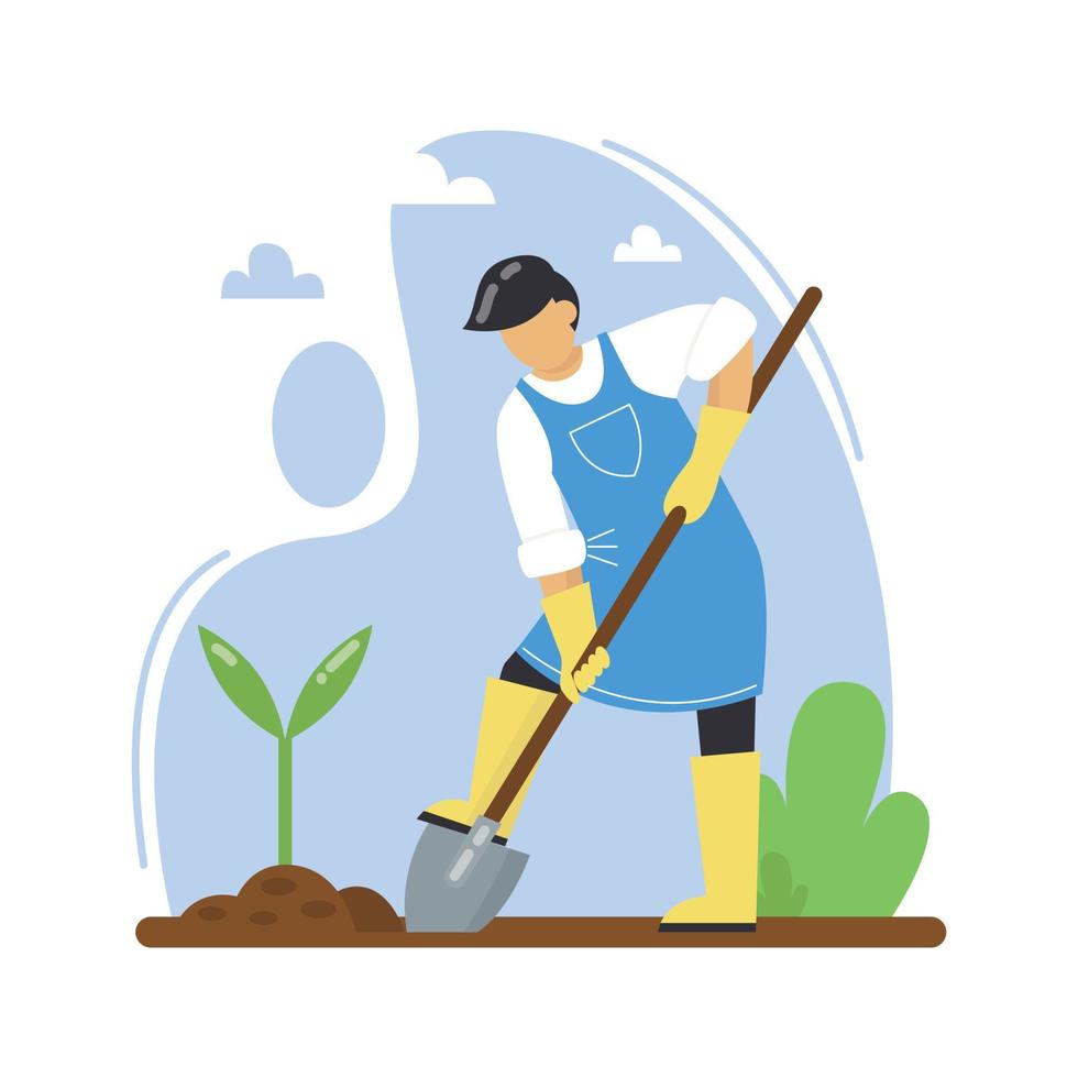 en man med en spade planterar plantor. bonde som planterar grönsaker med spade. begreppet trädgårdsskötsel, jordbruk, arbeta på land, naturlig produktion. vektor illustration.