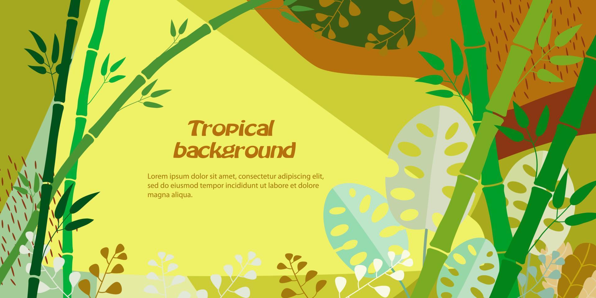 tropisk bakgrund med stjälkar av bambu, monstera, djungel lövverk. vektor illustration i varma gula, bruna färger. mall för omslag, reklam, webbdesign, affisch. plats för text.
