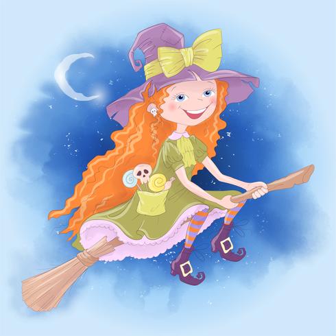 Gullig tecknad illustration med tjej häxa. Vykortaffischtryck för semestern Halloween. vektor