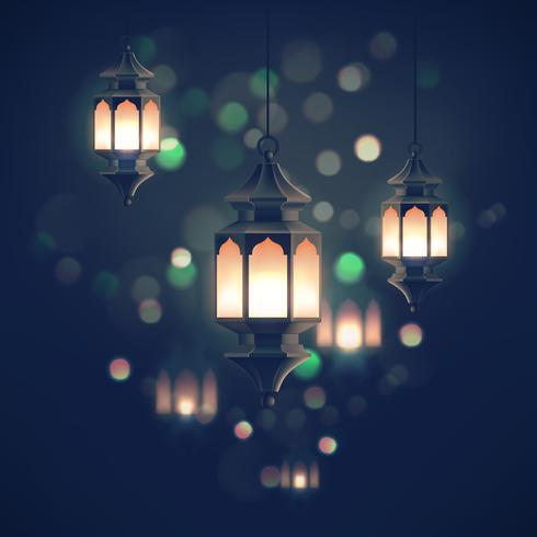Ramadan-Laternen auf unscharfer Nachtlandschaft vektor