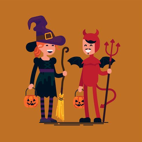 Halloween-Kinder, die Teufel- und Hexenkostüme tragen vektor