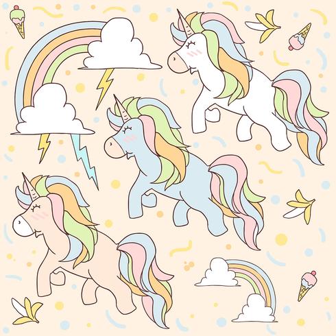 EINHORN-MUSTER NETTES EINHORN, DAS MIT DONNER UND REGENBOGEN FLIEGT vektor