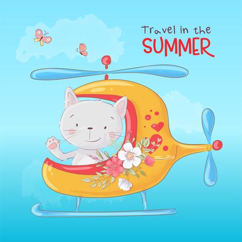 Niedliche Cartoonkatze in einem Hubschrauber, Postkartendruckplakat für ein Kinderzimmer. vektor