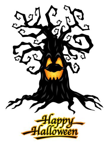 Haunted tree med Happy Halloween-logotyp, vektorillustrationer. vektor