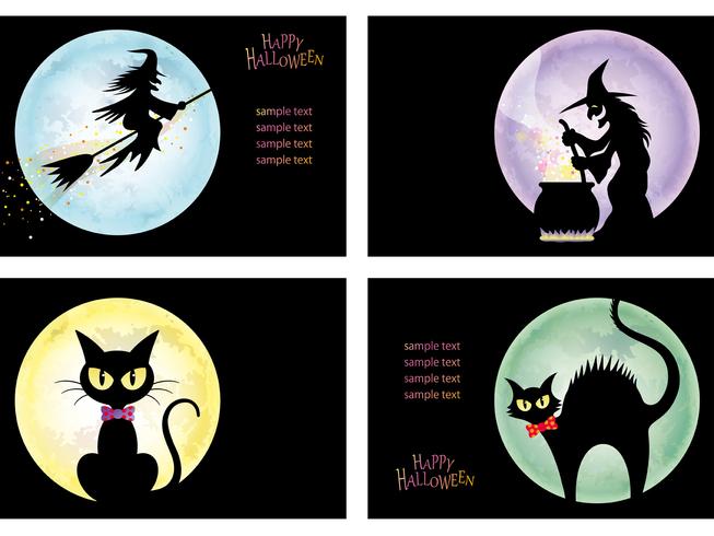 Satz von vier glücklichen Halloween-Kartenschablonen mit Hexen und schwarzen Katzen. vektor