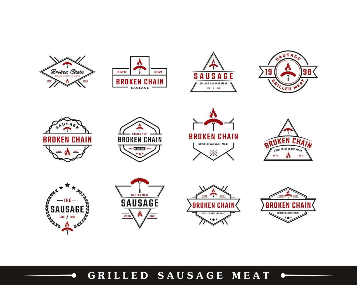 satz klassischer retro-label-abzeichen für feuerflamme gegrilltes wurstfleisch grill-grill-logo-inspiration vektor