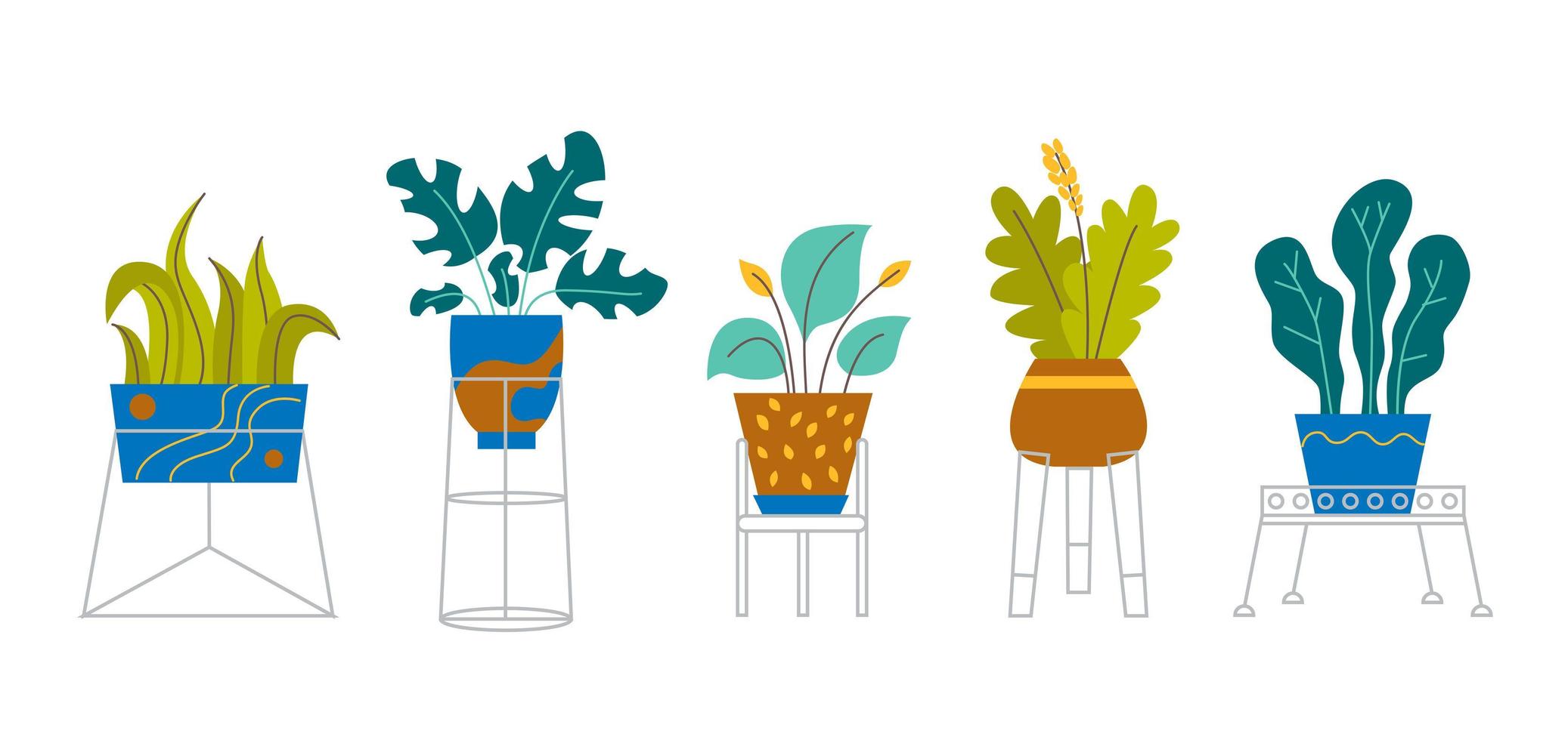 en uppsättning trendiga krukväxter och blommor för hemmet. olika krukväxter och blommor i montrar isolerad på vit bakgrund. monstera, kaktus, strelitzia och oxalis. färg platt vektorillustration vektor