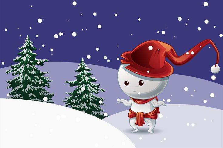 Schneemanncharakter mit rotem Hut im Weihnachtsfest auf Schnee mit Baumhintergrund. vektor