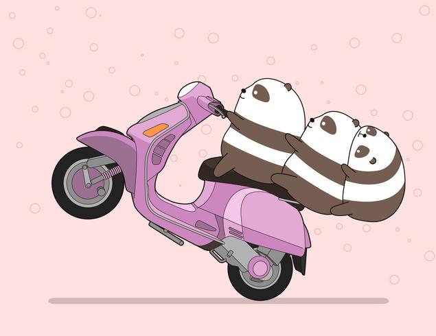 Kawaii 3 Pandas fährt Motorrad. vektor