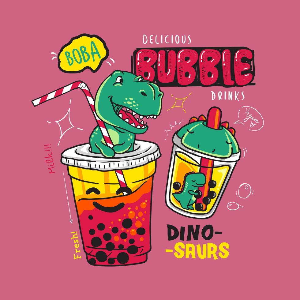 bubbla te banner affisch. bubbla te med frukt och bär milkshake smoothie och tecknade dinosaurier på plastmuggar. perfekt för flygblad, affischer, kort. vektor illustration