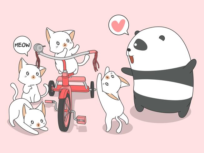 Kawaii Panda und Katzen mit Dreirad im Cartoon-Stil. vektor