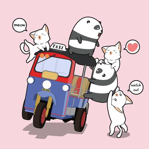 Kawaii pandaer och katter med motorcykel vektor