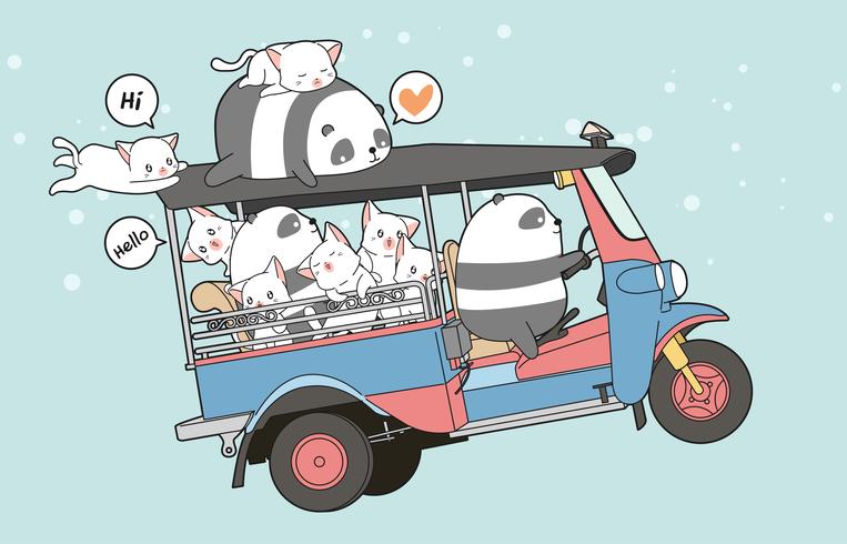 Drawn kawaii katter och panda på motorcykel trehjuling vektor