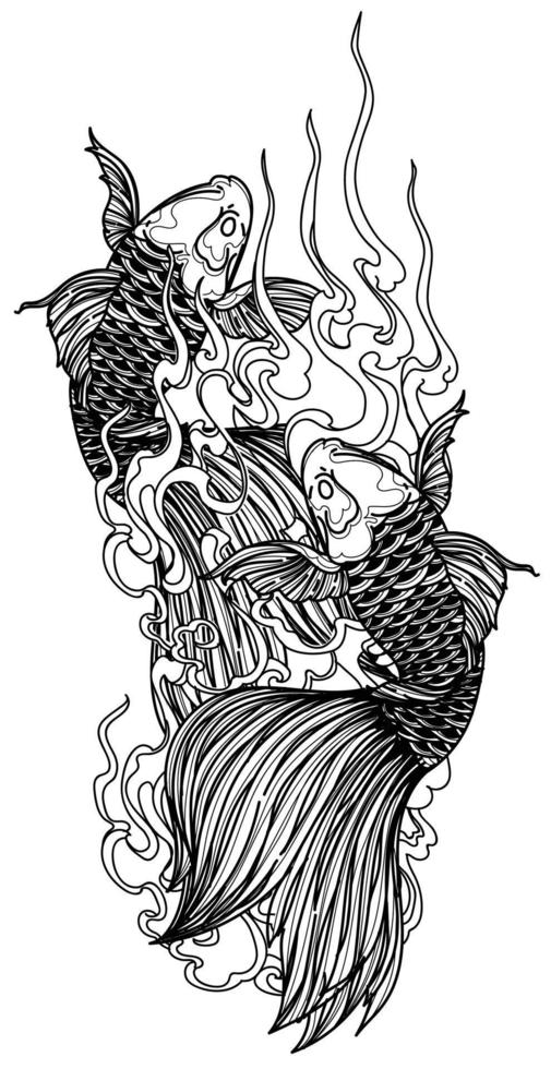 tattoo art japan fish design handzeichnung und skizze schwarz und weiß vektor