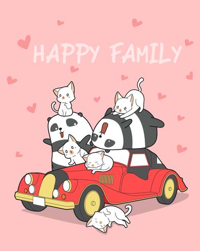 Tierfamilie und rotes Auto in der Karikaturart. vektor