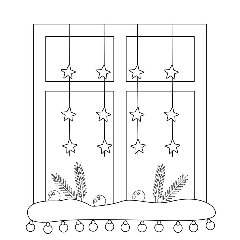 gemütliches weihnachtsfenster dekoriertes malbuch für kinder. Girlande und Fichtenzweige. vektorweihnachten lineare illustration. vektor