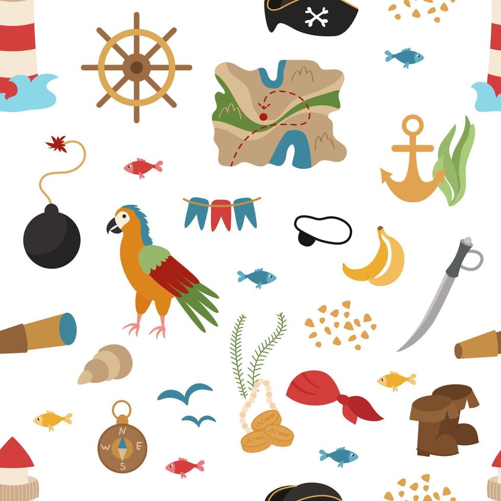 sömlösa piratmönster med svart flagga, mynt, sabel, juveler, karta, fisk, fyr. vektor illustration av havsresor och skattjakt.