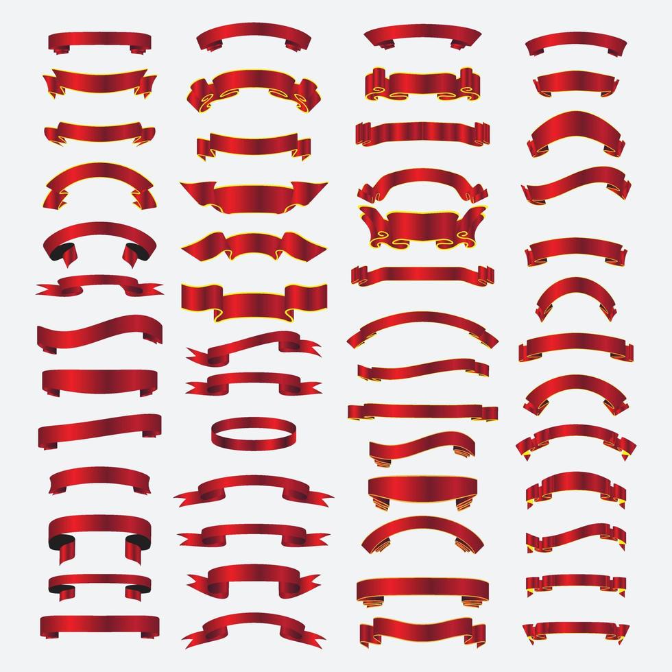 Sammlungssatz für Banner mit rotem Band. rot glänzende Bildlaufrahmenvorlage isoliert auf weißem Hintergrund. vektor