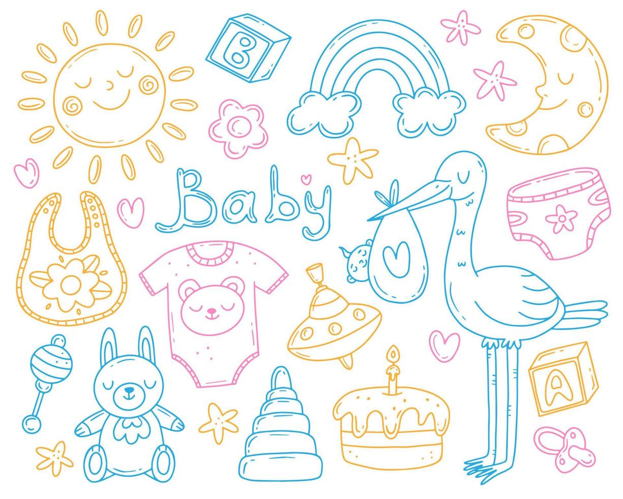 mehrfarbiges Set mit Elementen zum Thema Geburt eines Kindes in einem einfachen niedlichen Doodle-Stil. Vektor-Baby-Illustration auf Hintergrund isoliert. vektor