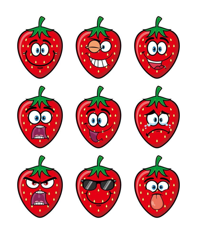 uppsättning av samling leende jordgubbar tecknad maskot karaktär. vektor illustration isolerad på vit bakgrund