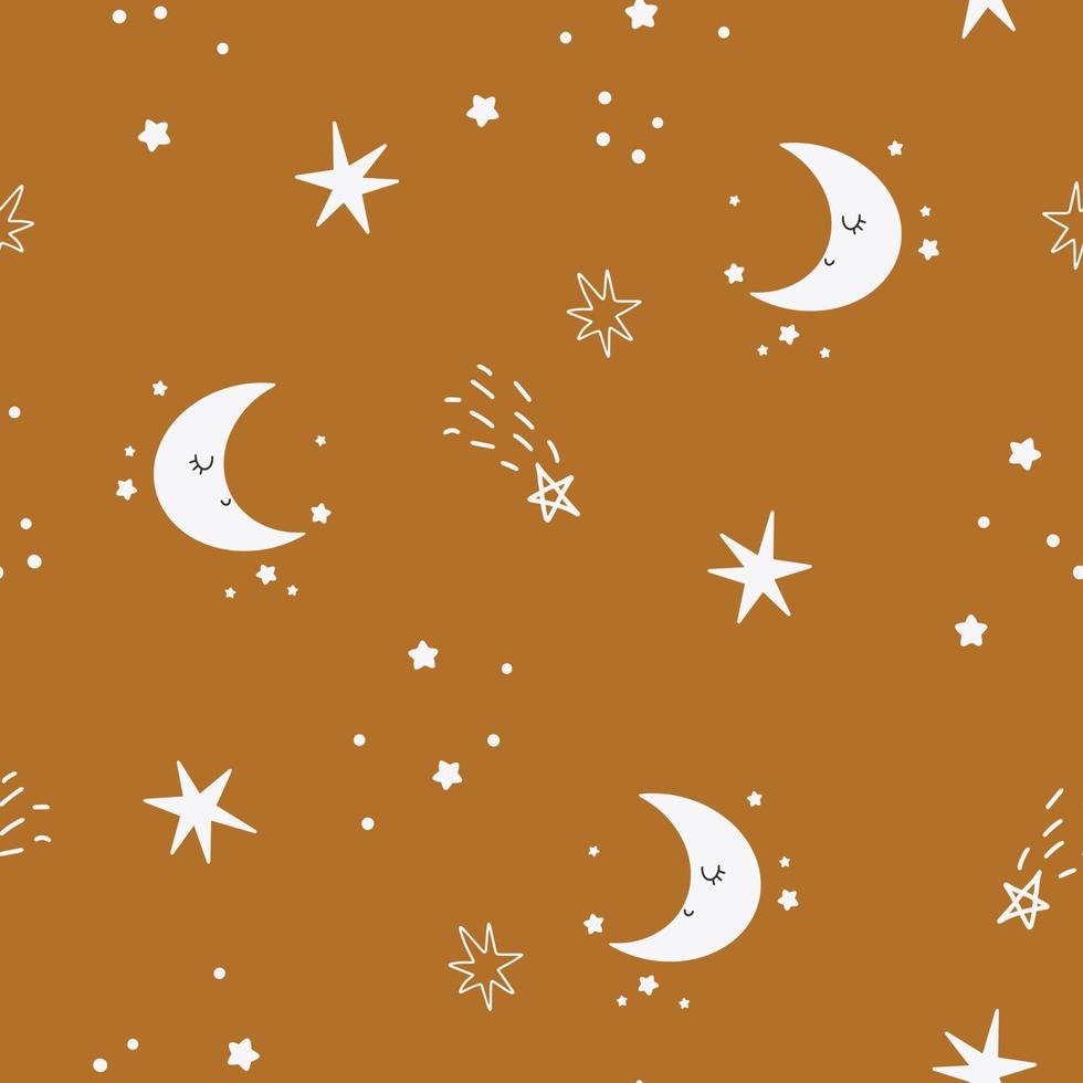 söta sömlösa mönster av barnslig stjärnhimmel. månen med stjärnor i bakgrunden. vektor enkel barns handritad bakgrund i tecknad stil.
