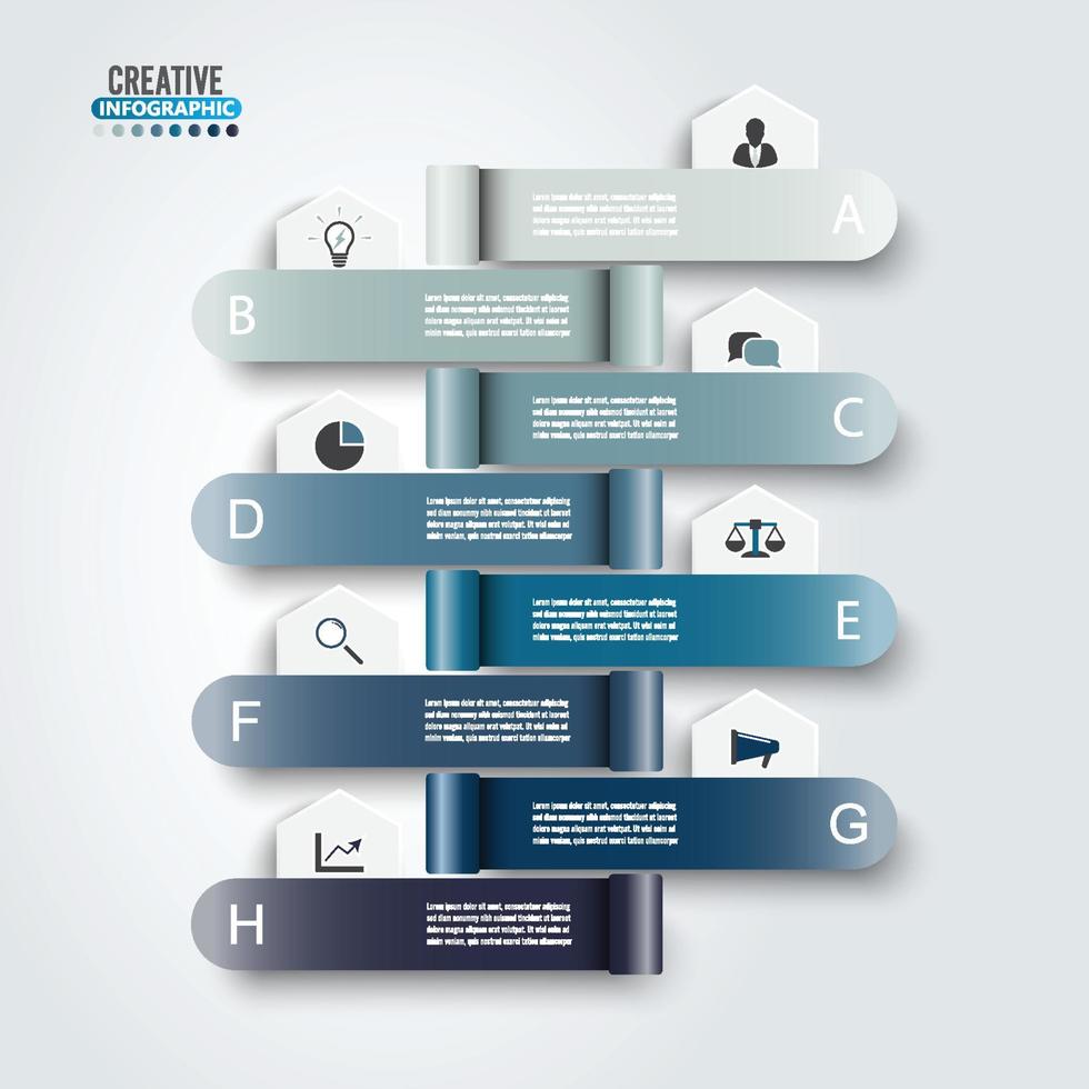 vektor infographic mall med 3d pappersetikett, integrerade cirklar. affärsidé med 8 alternativ. för innehåll, diagram, flödesschema, steg, delar, tidslinjeinfografik, arbetsflöde, diagram.