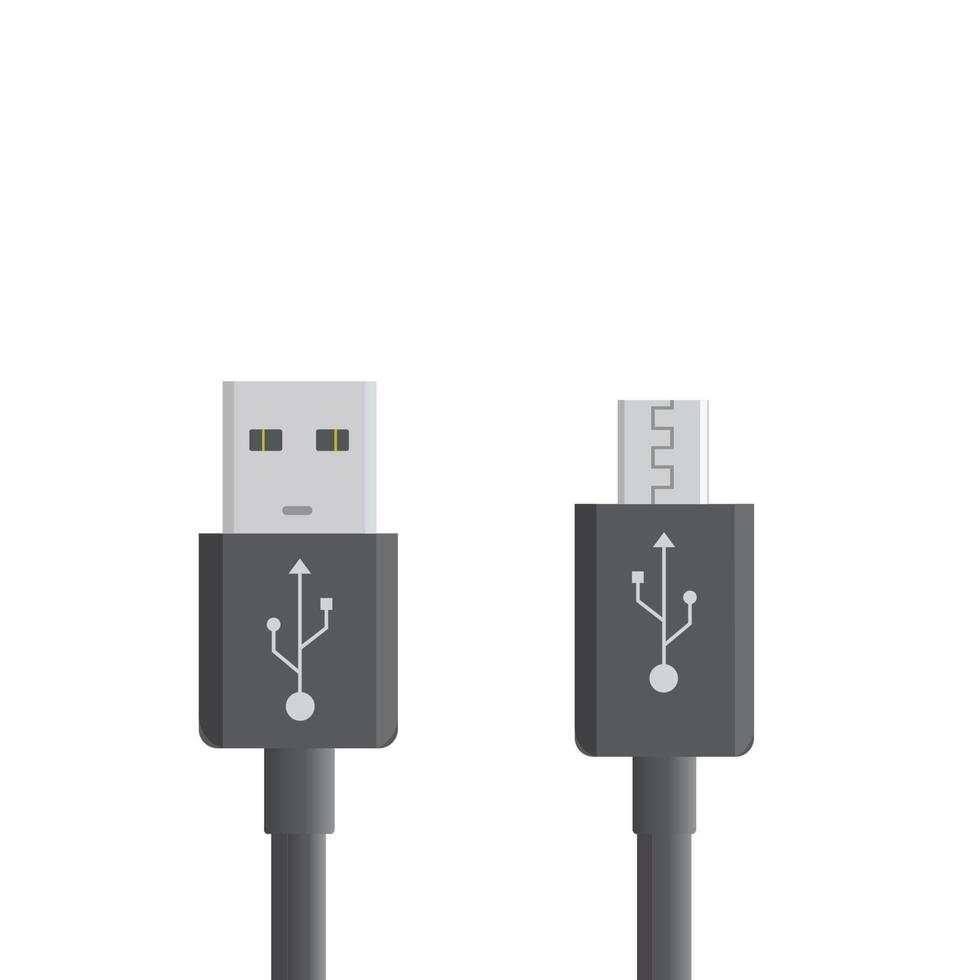 schwarze Micro-USB-Kabel auf weißem Hintergrund. Stecker und Buchsen für PCs und Mobilgeräte. Anschluss für Computerperipheriegeräte oder Smartphone-Ladegerät vektor