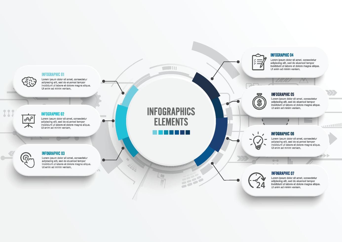 Vektor-Infografik-Vorlage mit 3D-Papieretikett, integrierten Kreisen. Geschäftskonzept mit 7 Optionen. für Inhalt, Diagramm, Flussdiagramm, Schritte, Teile, Zeitleisten-Infografiken, Workflow, Diagramm. vektor