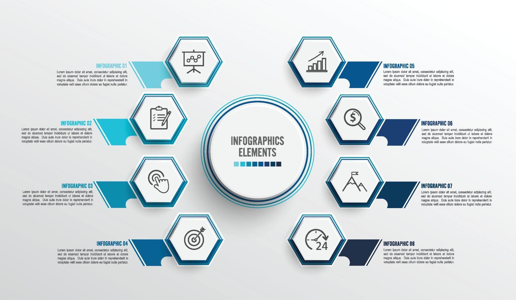 Vektor-Infografik-Vorlage mit 3D-Papieretikett, integrierte Kreise. Geschäftskonzept mit 8 Optionen. für Inhalt, Diagramm, Flussdiagramm, Schritte, Teile, Zeitleisten-Infografiken, Workflow, Diagramm. vektor