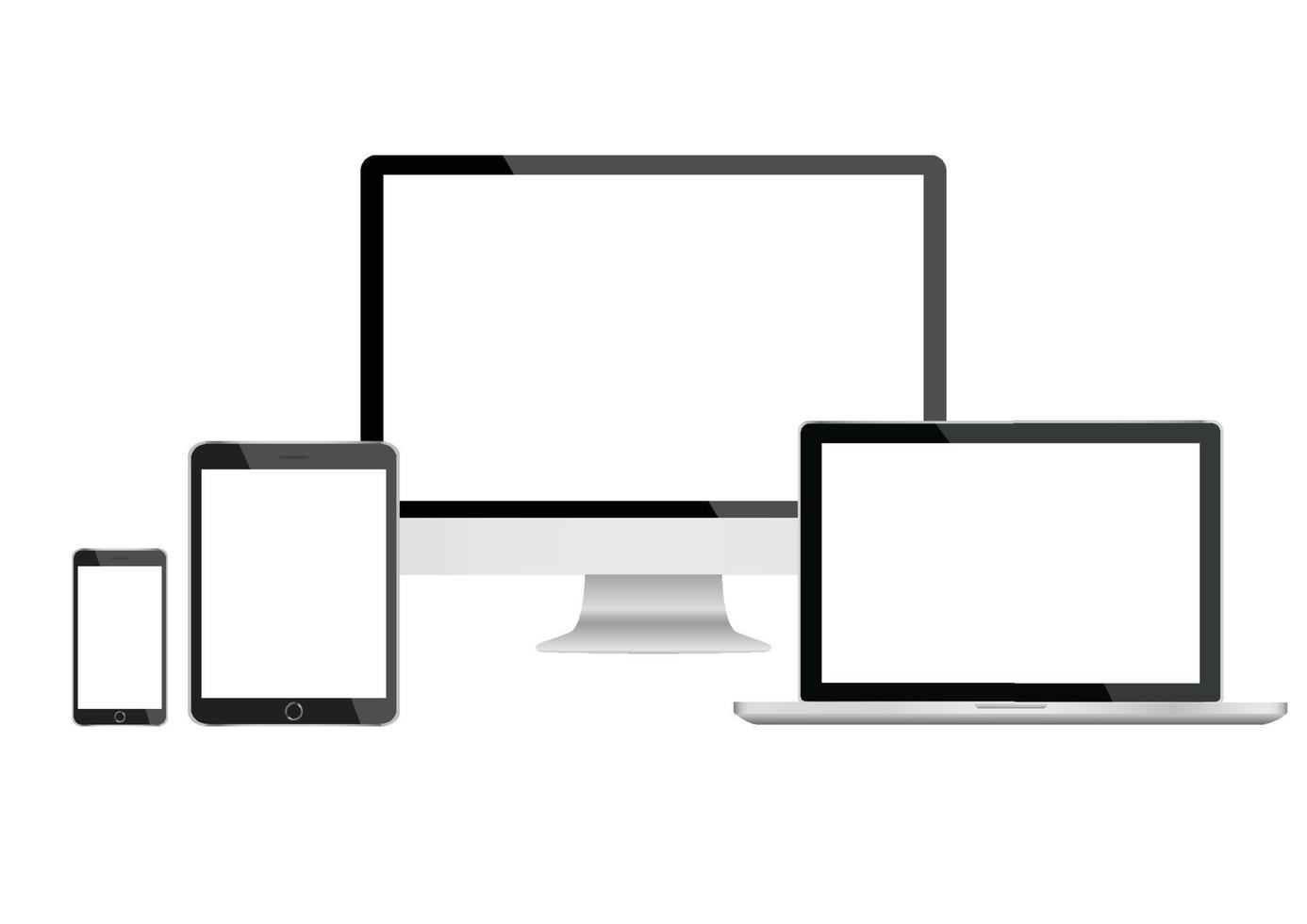 Mockup-Gadget und Geräte-Smartphones, Tablets, Laptops und Computermonitore schwarze Farbe mit leerem Bildschirm isoliert auf weißem Hintergrund. Stock-Vektor-Illustration vektor